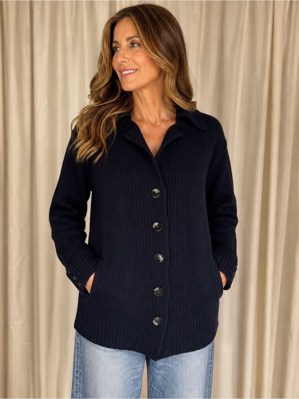 Worth Navy Blue Button-Front Cashmere & Wool Knit Cardigan